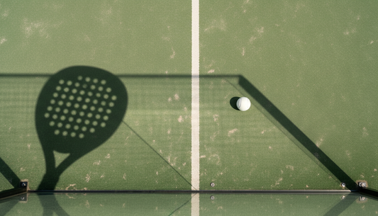 shadow of a padel racket on a green court with a ball next to it