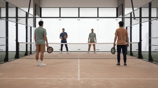 Four male athletes on an indoor padel court, two players in the foreground with their backs to the camera, facing two players across the net, all holding rackets.