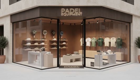 Exterior of a modern "Padel Equipment" store featuring large glass windows showcasing padel rackets, shoes, and athletic apparel.