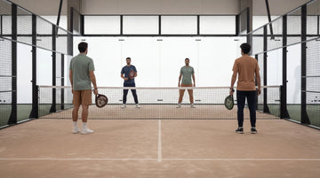 Four players on an indoor padel court, two in the foreground facing two across the net in a doubles match