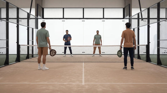 Four players on an indoor padel court, two in the foreground facing two across the net in a doubles match