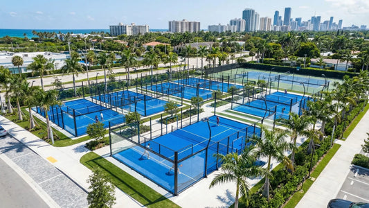 Aerial view of a padel club with blue courts, glass walls, palm trees and a city skyline
