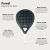Padel racket forest with technical specifications on a white background