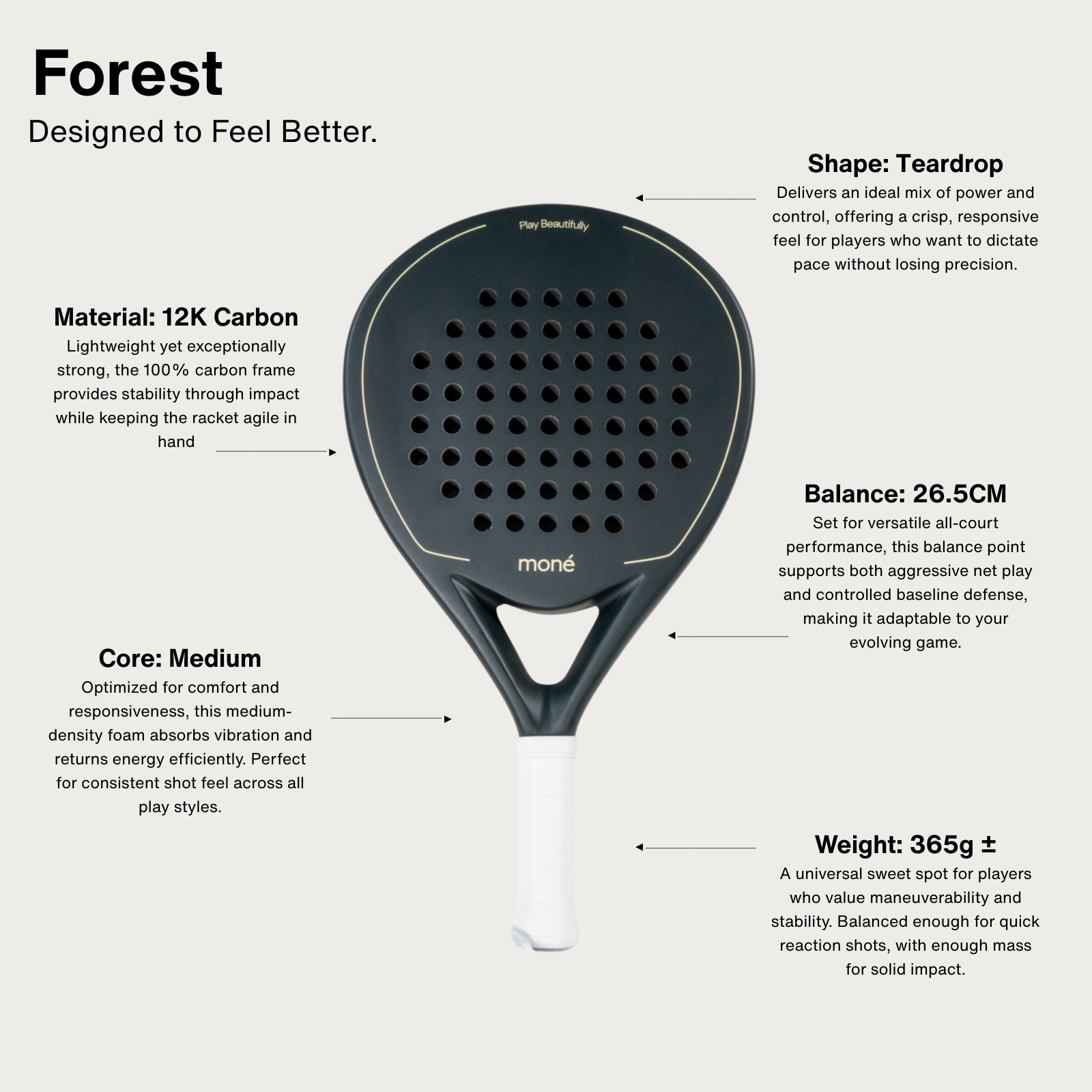 Padel racket forest with technical specifications on a white background