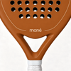 Close-up of the Sienna light brown padel racket throat, with the cream moné logo and outline above its open triangle