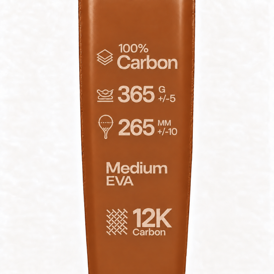 Specs printed in cream on the Sienna light brown padel racket: 100% carbon, 365 g, 265 mm, medium EVA core, 12K carbon