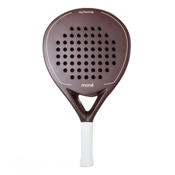 Moné Padel Cocoa premium teardrop racket in dark brown with white grip and Play Beautifully design.