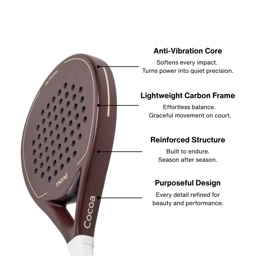 Moné Padel Cocoa racket side profile highlighting the anti-vibration core and lightweight carbon frame.