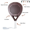 Technical infographic of the Moné Padel Cocoa racket: teardrop shape, 12K carbon build, 26.5cm balance.