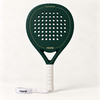 Forest dark green padel racket by moné, front view: teardrop head, Play Beautifully lettering, white grip and wrist strap