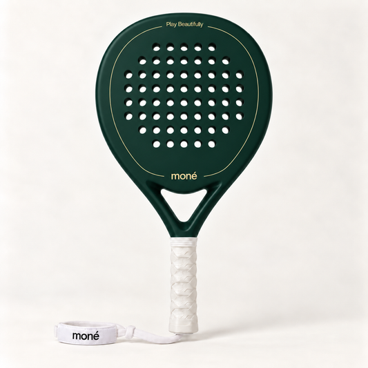 Forest dark green padel racket by moné, front view: teardrop head, Play Beautifully lettering, white grip and wrist strap
