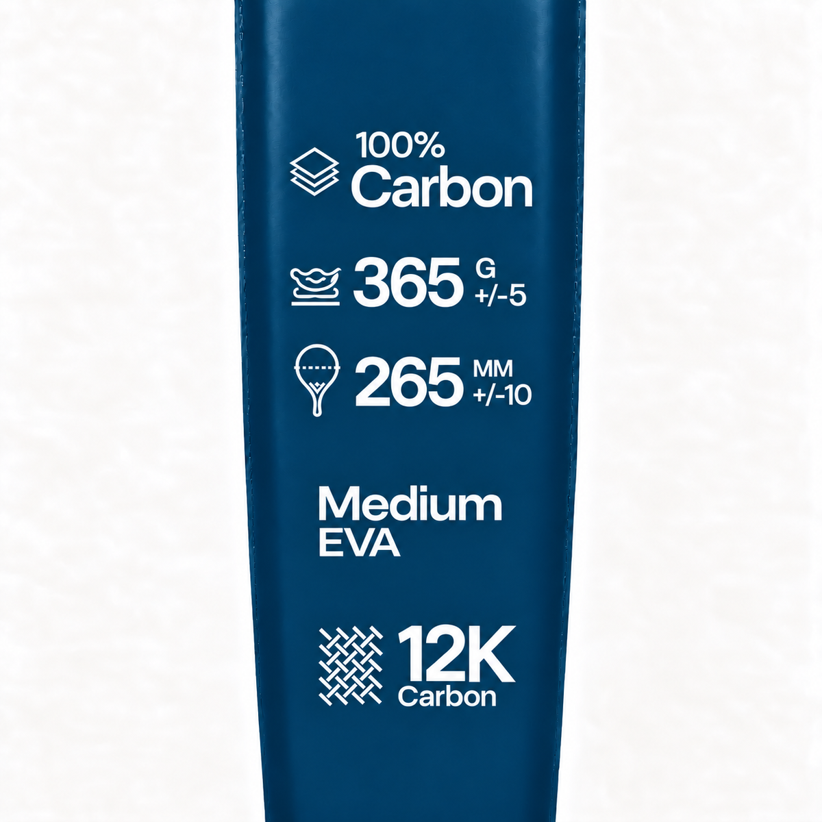 Specs printed in white on the Sailor blue padel racket: 100% carbon, 365 g, 265 mm, medium EVA core, 12K carbon