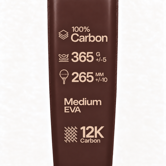 Specs printed in beige on the Cocoa brown padel racket: 100% carbon, 365 g, 265 mm, medium EVA core, 12K carbon