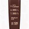 Specs printed in beige on the Cocoa brown padel racket: 100% carbon, 365 g, 265 mm, medium EVA core, 12K carbon
