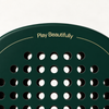 Play Beautifully printed in gold at the top of the Forest dark green padel racket, above its drilled hole pattern