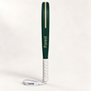 Forest dark green padel racket in side profile, with Forest printed in gold along the frame, a white grip and wrist strap