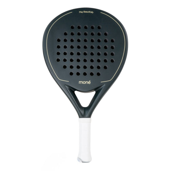 Moné Padel Forest premium teardrop racket in dark green with white grip and Play Beautifully design.