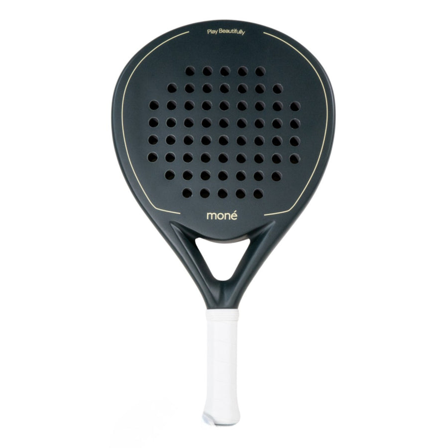 Moné Padel Forest premium teardrop racket in dark green with white grip and Play Beautifully design.