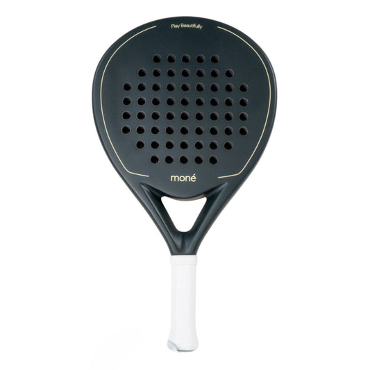 Moné Padel Forest premium teardrop racket in dark green with white grip and Play Beautifully design.