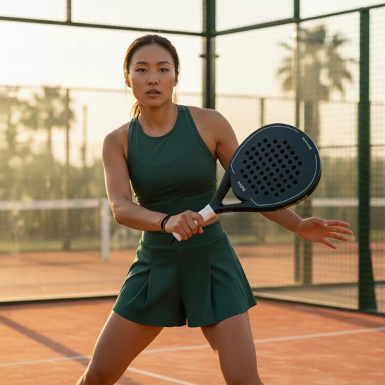 Female player in green padel apparel holding the lightweight Moné Padel Forest racket on court.