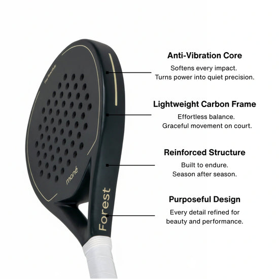 Moné Padel Forest racket side profile highlighting the anti-vibration core and lightweight carbon frame.