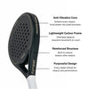 Moné Padel Forest racket side profile highlighting the anti-vibration core and lightweight carbon frame.