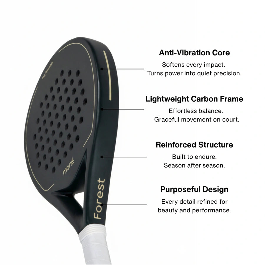 Moné Padel Forest racket side profile highlighting the anti-vibration core and lightweight carbon frame.