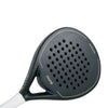 Detailed view of the Moné Padel Forest racket surface showing the teardrop hole pattern and matte finish.