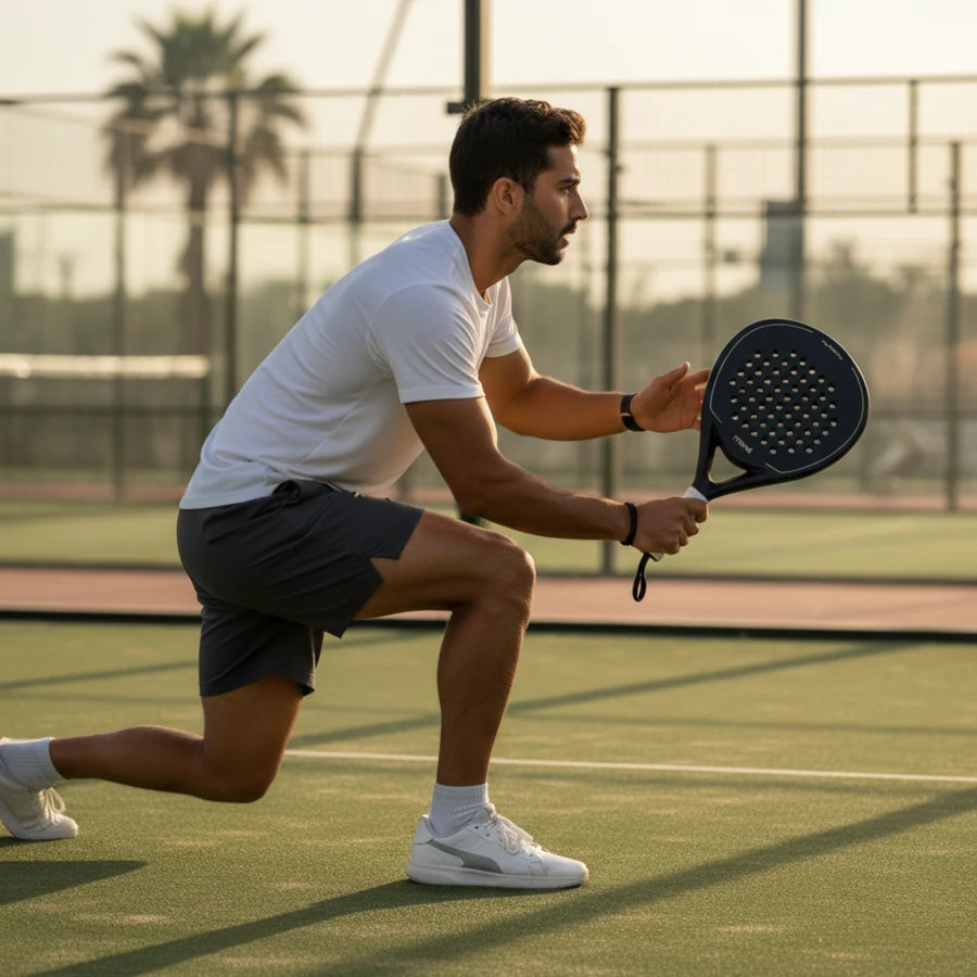Male player on court hitting a shot with the high-performance 12K carbon Moné Padel Forest racket.