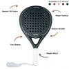 Technical infographic of the Moné Padel Forest racket: teardrop shape, 12K carbon build, 26.5cm balance.