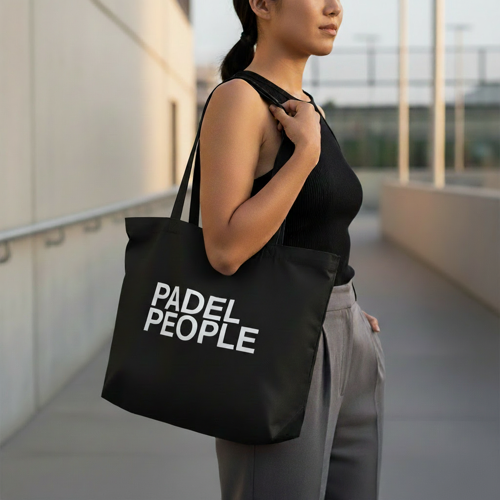 Person carrying a black tote bag with 'PADEL PEOPLE' text in an outdoor setting