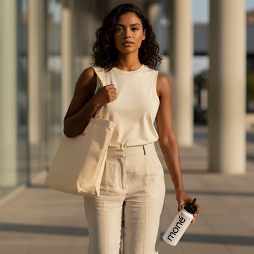 Woman in beige outfit holding a tote bag and a water bottle with 'more' Mone Padel | Moné 950ml Water Bottle | “Padel People” Tote Bag