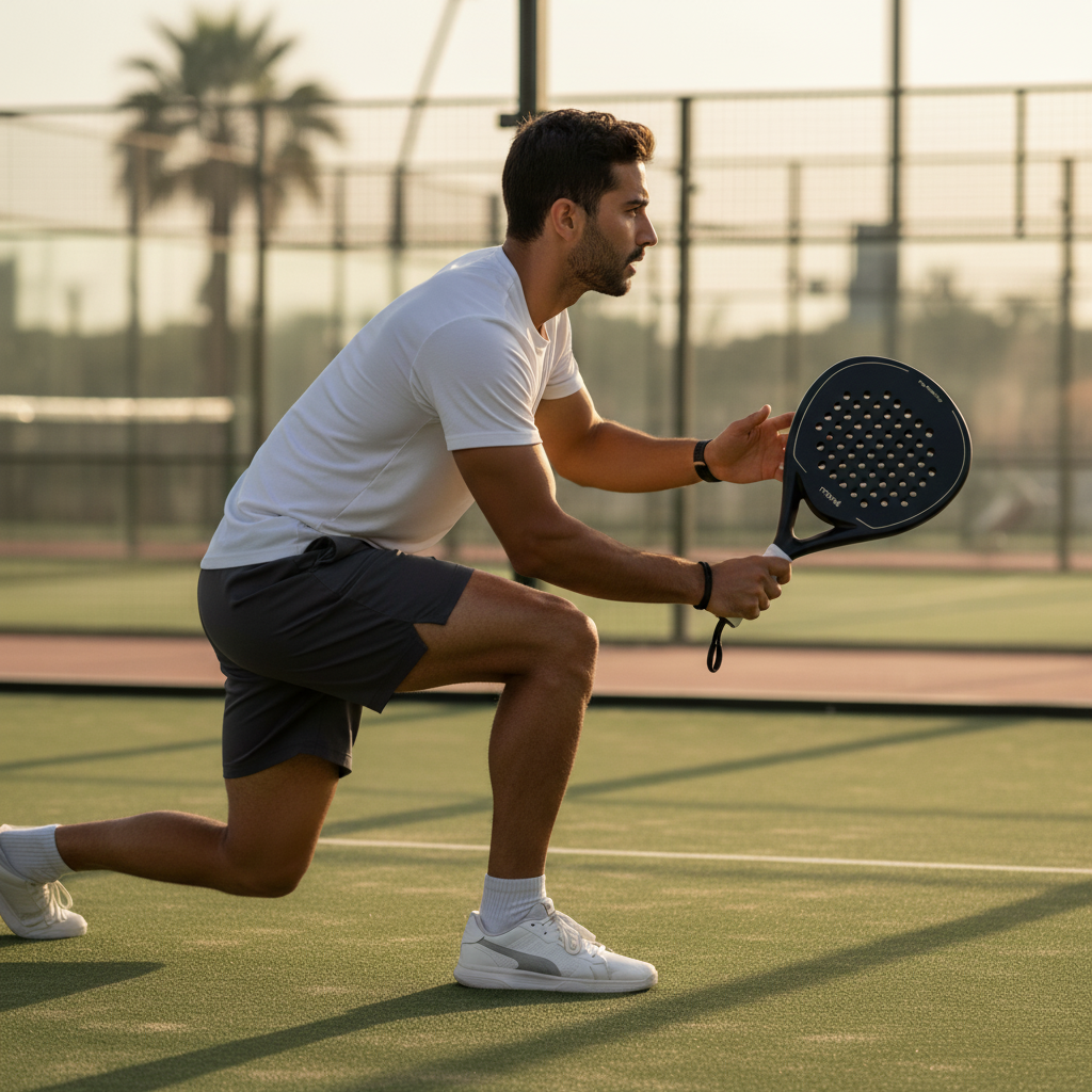 Man playing padel on a court with palm trees in the background. Forest - Premium Padel Racket