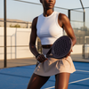 Woman holding a padel racket on a padel court. Cocoa - Premium Padel Racket
