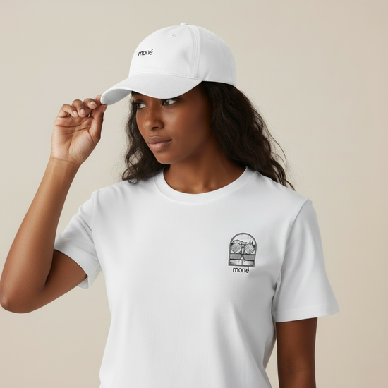 Person wearing a white t-shirt and cap with branding on a beige background. Classic Cotton Cap - White | Moné Padel
