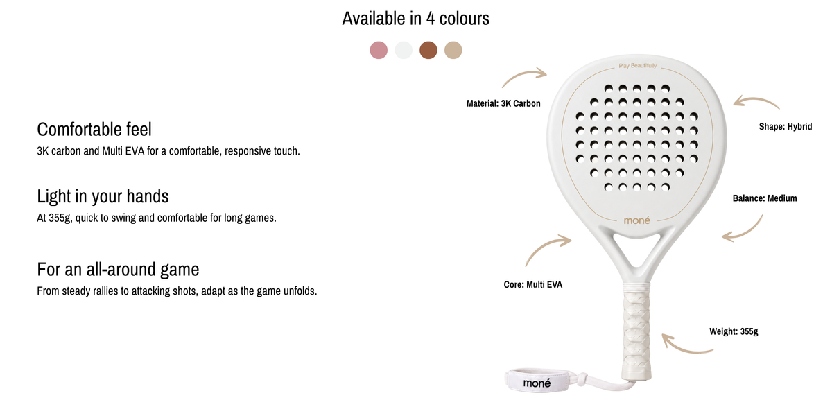 Ivory Hybrid padel racket by moné in off-white with its specs labelled. Comfortable feel: 3K carbon and Multi EVA. Light in your hands: 355g. For an all-around game.