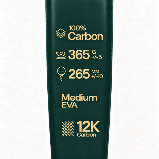 Specs printed in gold on the Forest dark green padel racket: 100% carbon, 365 g, 265 mm, medium EVA core, 12K carbon