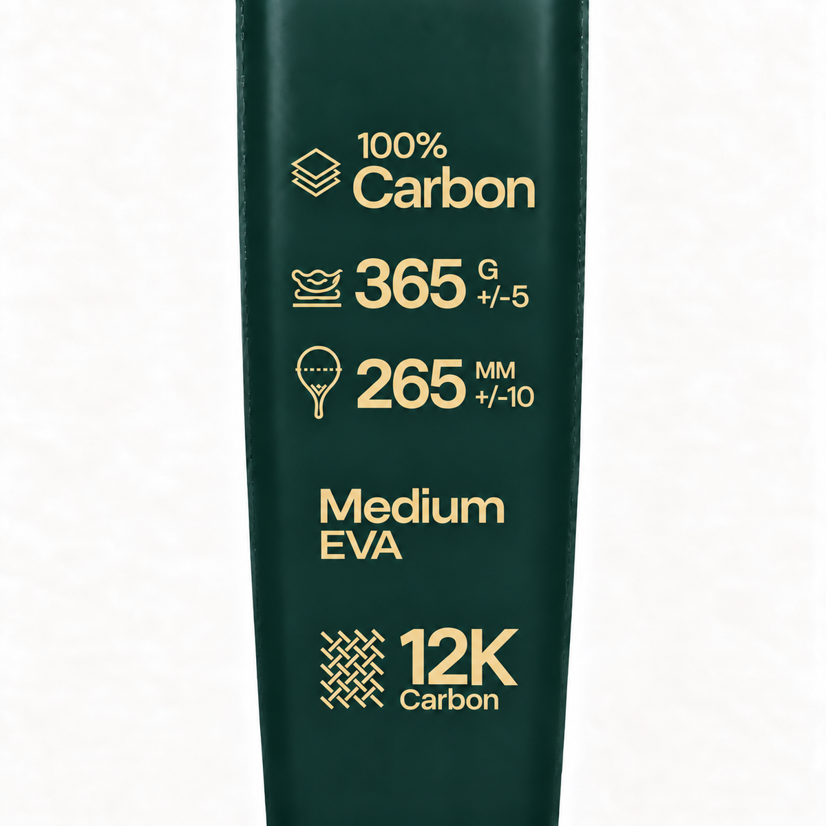 Specs printed in gold on the Forest dark green padel racket: 100% carbon, 365 g, 265 mm, medium EVA core, 12K carbon