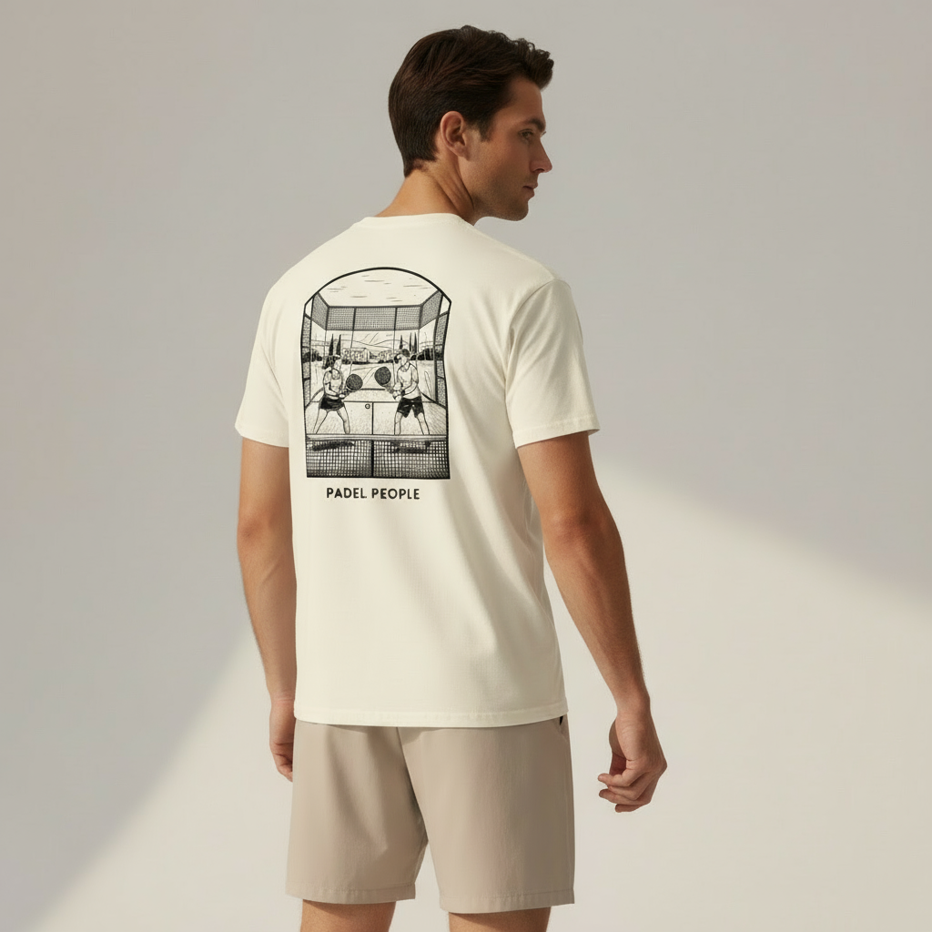 Man in the cream Padel People T-shirt by moné, seen from the back, its print showing a padel doubles match on court