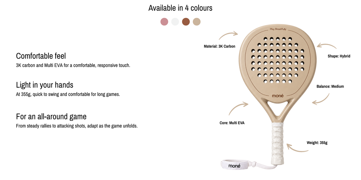Sahara Hybrid padel racket by moné in beige with its specs labelled. Comfortable feel: 3K carbon and Multi EVA. Light in your hands: 355g. For an all-around game.