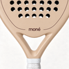 Close-up of the Sahara beige padel racket throat, with the cocoa brown moné logo and outline above its open triangle