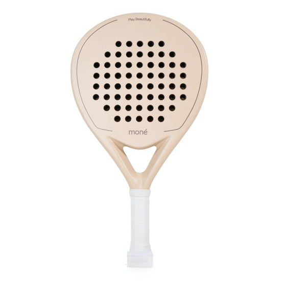 Moné Padel Sahara premium teardrop racket in matte beige with white grip and Play Beautifully design.