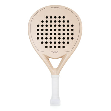Moné Padel Sahara premium teardrop racket in matte beige with white grip and Play Beautifully design.