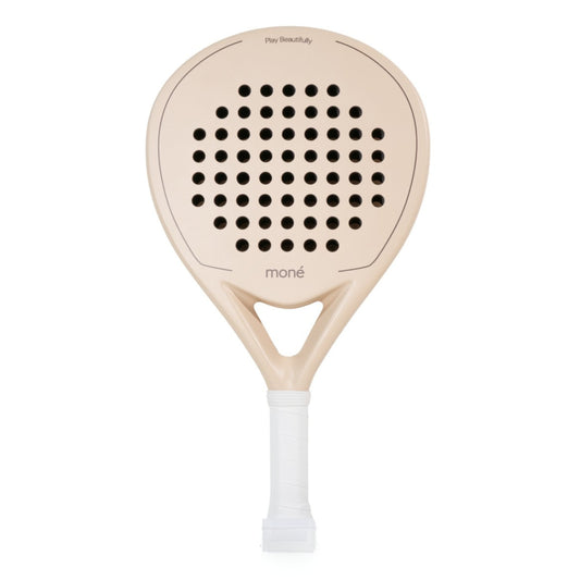 Moné Padel Sahara premium teardrop racket in matte beige with white grip and Play Beautifully design.