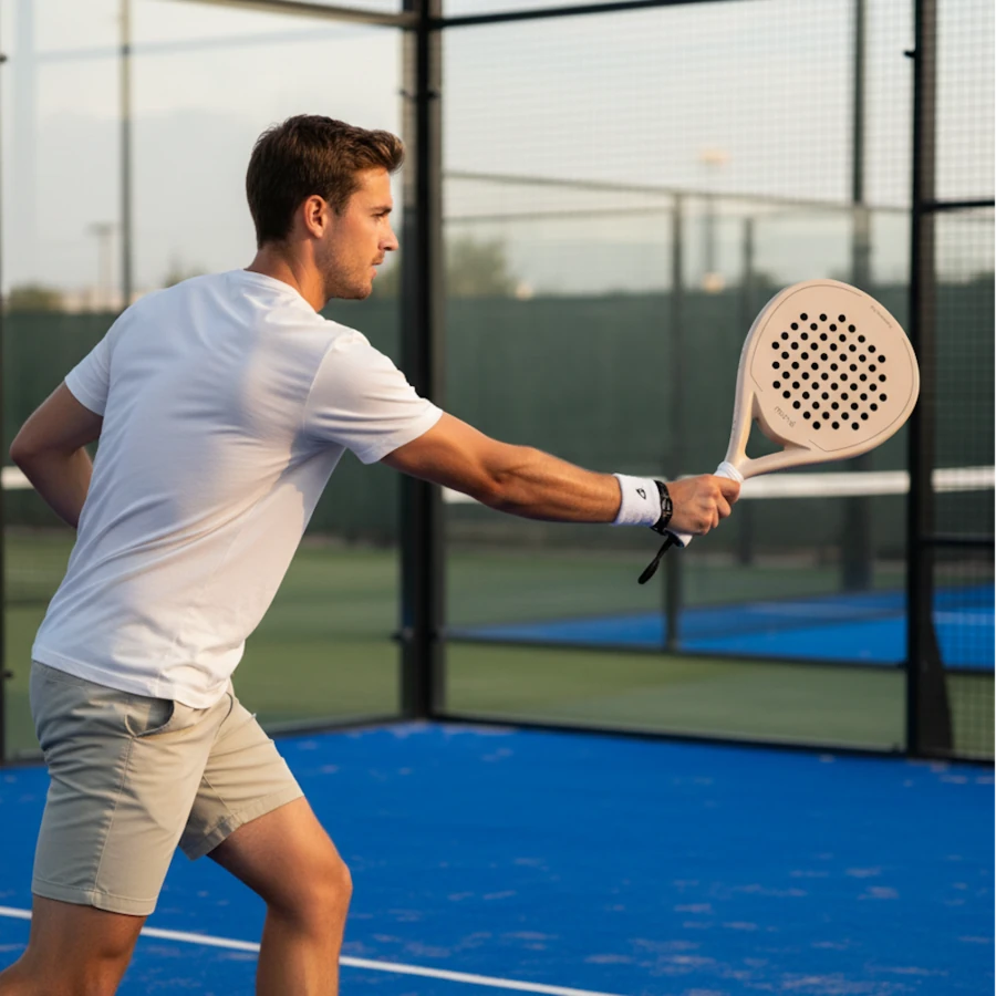 Male player on court hitting a shot with the high-performance 12K carbon Moné Padel Sahara racket.