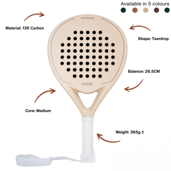 Technical infographic of the Moné Padel Sahara racket: teardrop shape, 12K carbon build, 26.5cm balance.