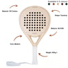 Technical infographic of the Moné Padel Sahara racket: teardrop shape, 12K carbon build, 26.5cm balance.