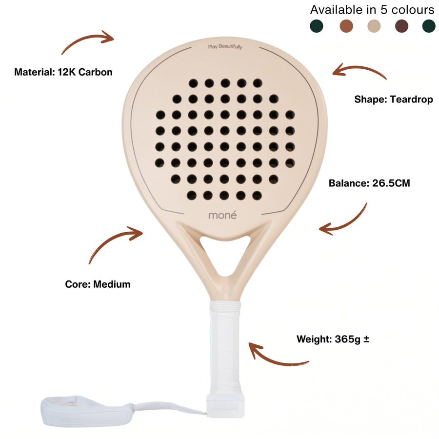 Technical infographic of the Moné Padel Sahara racket: teardrop shape, 12K carbon build, 26.5cm balance.