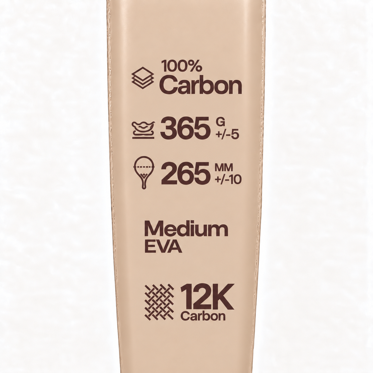Specs printed in cocoa brown on the Sahara beige padel racket: 100% carbon, 365 g, 265 mm, medium EVA core, 12K carbon