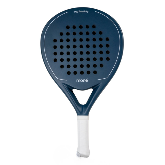 Blue and white racket with a unique design on a white background. Sailor - Premium Padel Racket | Mone Padel
